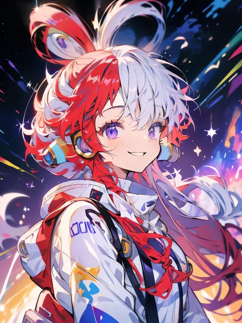 masterpiece、Cute Anime Girl、uta、Red and white hair、Long Hair、Purple eyes、smile、Shining Background、Starry Ski、(((Beautiful Milky Way、nebula)))、Strike a Pose、Upper Body