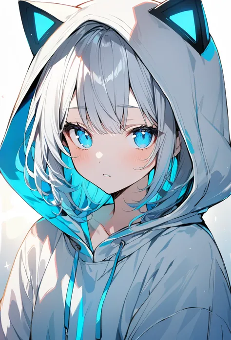 1 girl、Cat ear hoodie、bright light blue eyes,Light grey hair with light blue tips and inner color,Wearing a hood、
