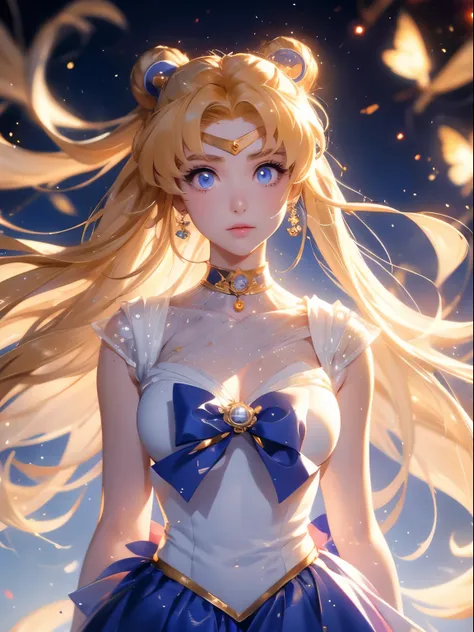 sailor moon, 1 girl, blonde hair, long hair, blue eyes, detailed eyes, simple background, female focus, alone, Standing, Usagi Tsukino, portrait, full body, (Masterpiece:1.0), (best quality:1.0) , (wallpaper 8k:1.0), (detailed beautiful face:1.0), (detaile...