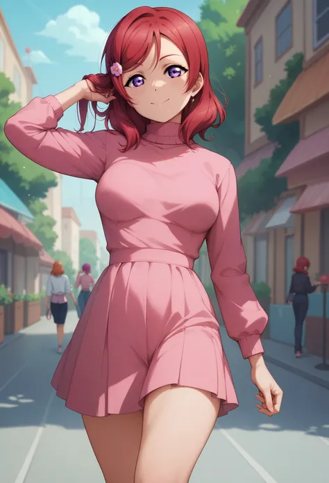 masterpiece, best quality, highres, nishikino maki,purple eyes,red hair, sexy, pink skinny dress,llchar,love live, turtle neck, breasts apart , walking, thighs,long sleeves , one hand on hair 