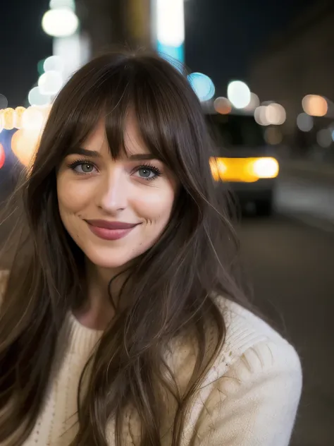 dkjt,long hair with bangs,close up,ssmile,work of art,neve,city street,bokeh,dof,highy detailed,soft lighting,volumetric lightin...