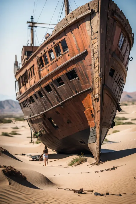 prospect:an extremely beautiful woman squatting in the desert in a swimsuit、kazuko yoshiyama,（break）background: boat anchored on...