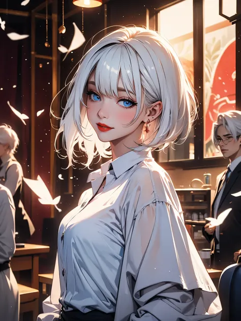 (extremely delicate and beautiful: 1.2), 1 girl, bangs straight, blue colored eyes, blur, blur background, 弓, White hair, long sideburns, low-cut button-down shirt, get away, lateral view, hair over eyes, hair 弓, latern, Light particles, long folded sleeve...