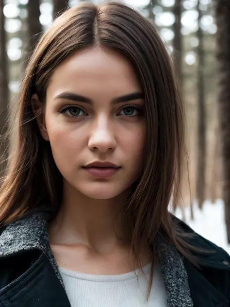 close up of a european woman, russet hair, winter forest, natural skin texture, 24mm, textures 4k, soft cinematic light, CRU photo, fotorrealism, photorrealistic, intricate, chic, highy detailed, sharp focus, ((((cinematic appearance)))), calming hues, ins...