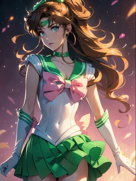 sailor jupiter, 1 girl, brown hair, long hair, brown eyes, detailed eyes, simple background, female focus, alone, Standing, Makoto Kino, portrait, full body, (Masterpiece:1.0), (best quality:1.0) , (wallpaper 8k:1.0), (detailed beautiful face:1.0), (detail...