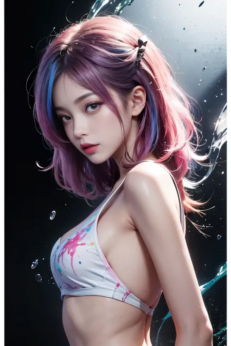 （tmasterpiece、best qualtiy、A high resolution），white backgrounid，（（paint splatter，splash of color，Splash ink、Color splattering）），，Sweet Chinese girl，Rainbow hair，Pink lips，frontage，The upper part of the body，8K,Ultra-clear image quality