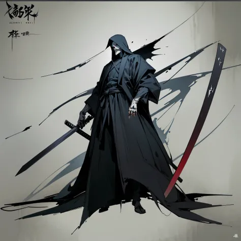 Drawing of a man holding a Japanese sword and a hatchet, the Angel of Death, Angel of Death, Full body concept, Spooky and gloomy art style, Detailed but rough, Pure black body, detailed Full body concept, Grim Reaper Illustration, Demon Soul concept art, ...