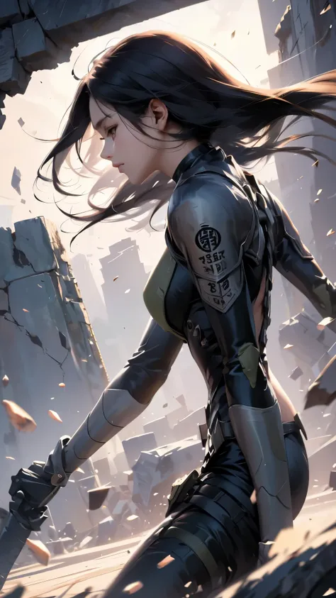 Black Hair、Long Hair、22 years old、woman、Asian、Battle Suit、ruins、profile、Sprinting、Hair flowing in the wind