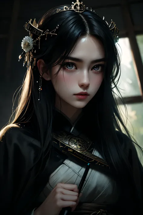 Asian girl samurai holding sword, in the style of faded color realism, full body shot, atmospheric impressionism, darkly romantic realism, pre-raphaelite realism, grainy, black and white photos, soft-focused realism --ar 36:61 --stylize 750 --v 6, water dr...