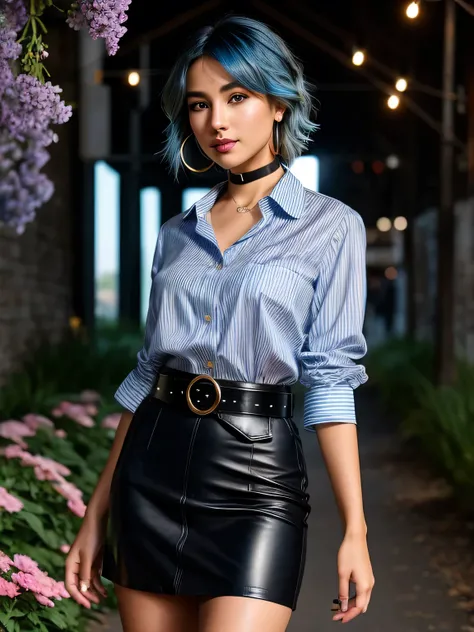 (blue hair:1.4), short hair, realistic green eyes, cobalt hair,  long bob hair, tousled hair, shoulder length hair, Full body, woman with white skin and Asian features, 24 year old, big breast. She has a small, elegant nose with a slight upward curve at th...