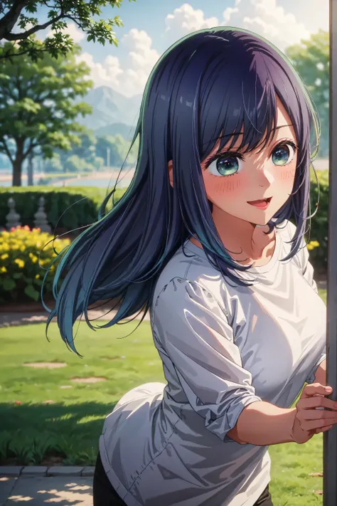 best quality, masterpiece, 1 girl, alone, mature woman, very happy, too blushing, background of a beautiful park, whole body