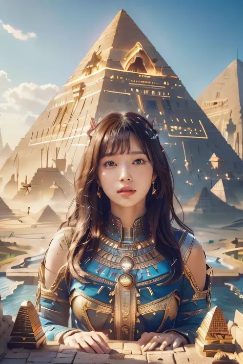 ((Highest quality、8K、masterpiece:1.3))、Photorealistic, Sharp focus, high resolution, High resolution, Portraiture, one person, woman, beautiful woman, sexly、Egyptian woman warrior walking in ancient egypt、Complex technology, Pyramids and ancient Egyptian c...