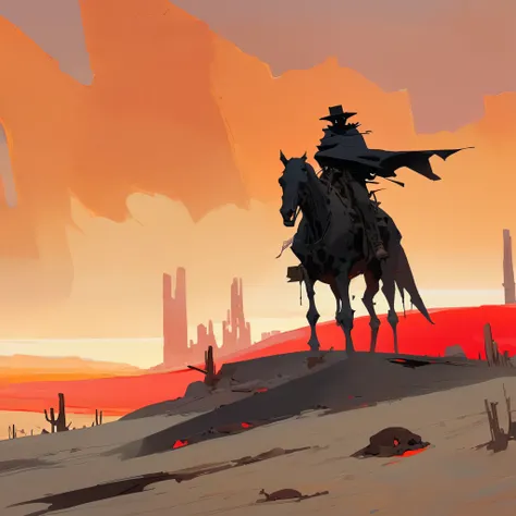 1man,Old West, Desert, scorching sun, silhouette, gloomy, black clothes, gunslinger, horizon, from far, Oil paint, black and white, horse, cape, red sun, Skull, living dead, skeleton, (red and black color palette), Giant glass shards in sand, spiky glass s...