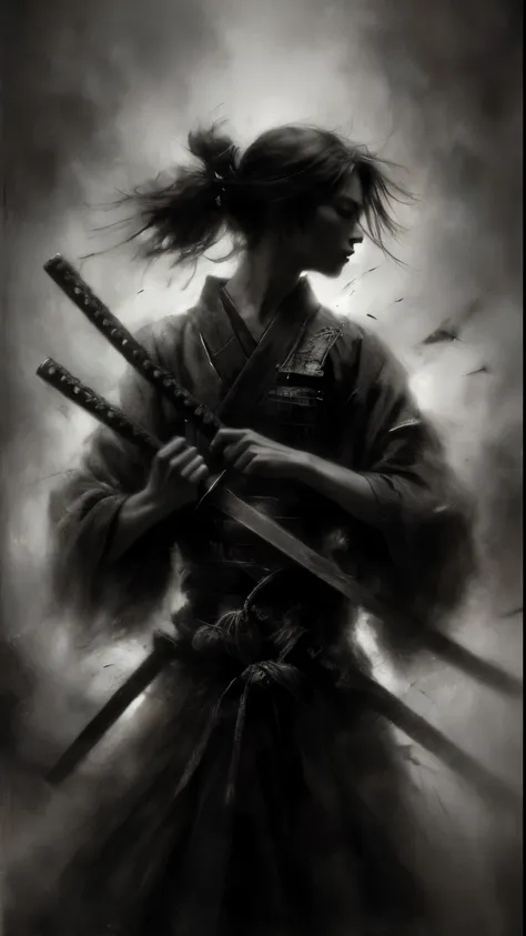 samurai girl, in the style of black and white realism, atmospheric impressionism, darkly romantic realism, pre-raphaelite realis...