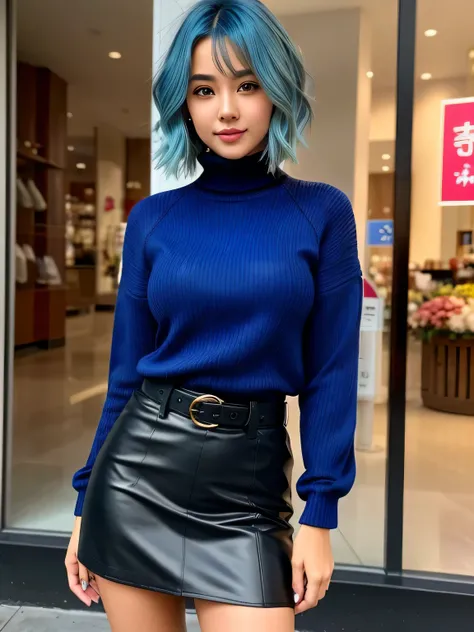 (blue hair:1.4), short hair, realistic green eyes, cobalt hair,  long bob hair, tousled hair, shoulder length hair, Full body, woman with white skin and Asian features, 24 year old, big breast. She has a small, elegant nose with a slight upward curve at th...