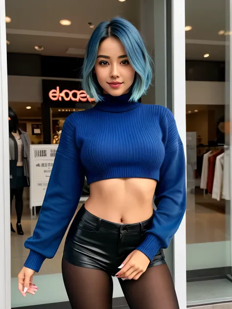 (blue hair:1.4), short hair, realistic green eyes, cobalt hair,  long bob hair, tousled hair, shoulder length hair, Full body, woman with white skin and Asian features, 24 year old, big breast. She has a small, elegant nose with a slight upward curve at th...