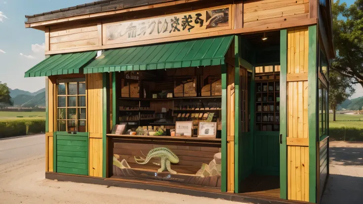 Reptile theme restaurant facade wooden kiosk with shop signs one by one wooden ecological theme color pencil style high-definition hand-painted 4k high-resolution road