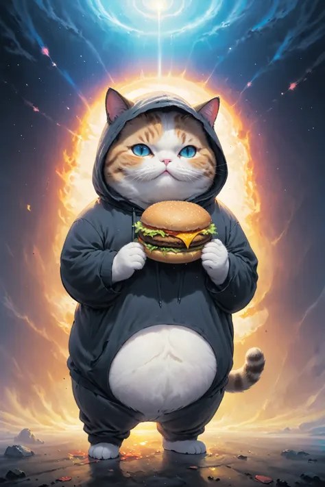 cosmic canvas,(dystopian background:1.3), flawless, clean, masterpiece, painting of a chubby cat, wearing hoodie, holding burger...