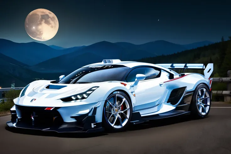 white sport car with ikon from lip bumper on chrome rpf1 wheels, night, on mountaintop, city background, big moon and stars, rea...