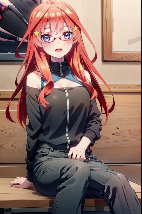 itsukinakano, itsuki nakano, bangs, blue eyes, Hair between the eyes, Ahoge, Redhead, star (symbol), hair ornaments, star hair ornaments,smile,Open your mouth,Red-rimmed glasses,Cold Shoulder Shirt,skinny pants,Stiletto heels,Sitting in a chair,There is a ...