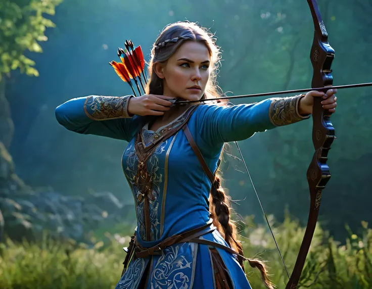 a beautiful archer woman, long detailed hair, detailed facial features, elegant bow and arrow, detailed clothing, medieval fantasy, cinematic lighting, dramatic atmosphere, swirly vibrant colors, detailed back ground, details Intricate, photorrealistic, hi...