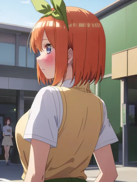 best quality, insanely detailed,yotsuba nakano, breasts, blush, back style, look into the distance, school background, sweater vest, white shirt, bowtie, short sleeves