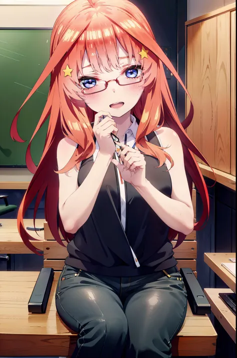 itsukinakano, itsuki nakano, bangs, blue eyes, Hair between the eyes, Ahoge, Redhead, star (symbol), hair ornaments, star hair ornaments,smile,Open your mouth,Red-rimmed glasses,Cold Shoulder Shirt,skinny pants,Stiletto heels,Sitting in a chair,There is a ...