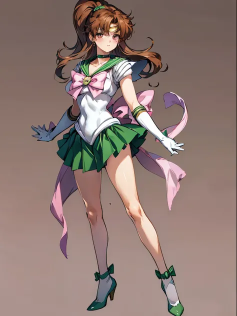 sailor jupiter, 1 girl, brown hair, long hair, brown eyes, detailed eyes, simple background, female focus, alone, Standing, Makoto Kino, portrait, full body, (Masterpiece:1.0), (best quality:1.0) , (wallpaper 8k:1.0), (detailed beautiful face:1.0), (detail...