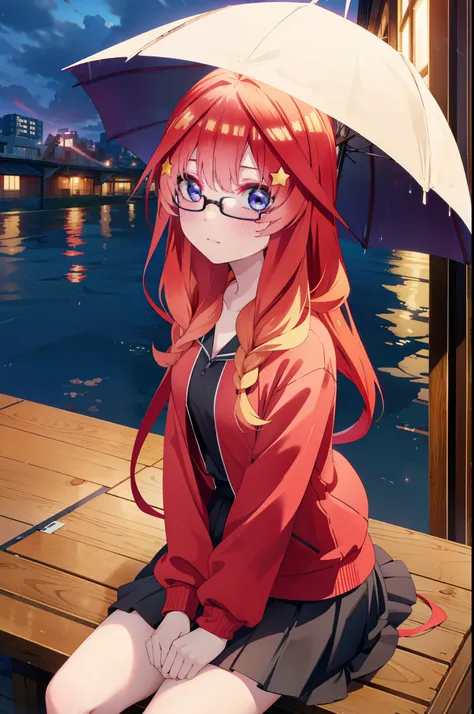 itsukinakano, itsuki nakano, bangs, blue eyes, Hair between the eyes, Ahoge, Redhead, star (symbol), hair ornaments, star hair ornaments,Long braids,Baseball hats,Red-rimmed glasses,Oversized red hoodie and long skirt,Black pantyhose,short boots,Hiding in ...