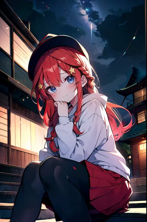 itsukinakano, itsuki nakano, bangs, blue eyes, Hair between the eyes, Ahoge, Redhead, star (symbol), hair ornaments, star hair ornaments,smile,blush,Long braids,Baseball hats,Red-rimmed glasses,Oversized red hoodie and long skirt,Black pantyhose,short boot...