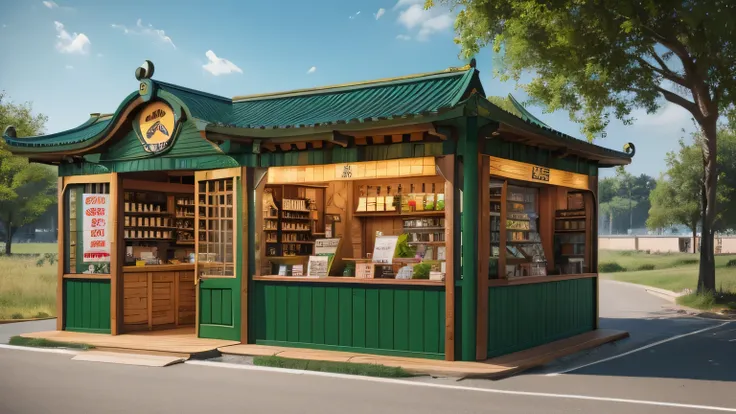 Reptile theme restaurant facade wooden kiosk with shop signs one by one wooden ecological theme color pencil style high-definition hand-painted 4k high-resolution road