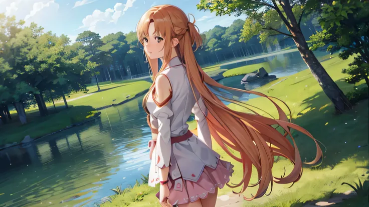 (highest quality, 8k, ultra high resolution, absurd:1.2), (Yuuki Asuna - Sword Art Online), ( long and beautiful hair, honey eyes, adult, mature, blush, shy, cute ), (standing by the lake in the forest )、wallpaper、((Completely naked)),(((pubic hair))),、(Th...