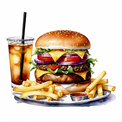 there is big and tall delicious hamburger with cheese, a lot of french fries, and a glass of ice lemon tea, (watercolor), illustration, isolated with solid white background, surrounded with negative space, centered compositon, 8k, highly detailed painting,...