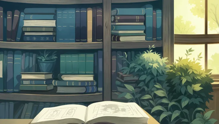 There is an open book on the table,Next to it is a potted plant, library background, alchemist library background, anime background art, dusty library, studio glibly Shinkai Makoto, Detailed 4k, background = library, natural study, interior background art,...