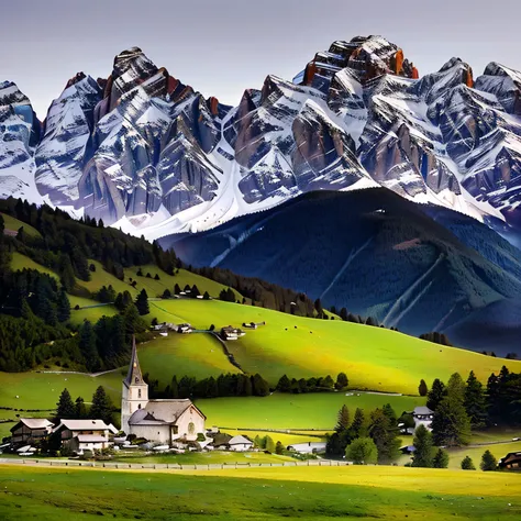 snow-capped mountains and a church in the foreground, mountain environment, swiss alps, dolomites, beautiful place, stunning sce...