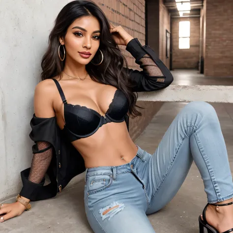 Create an ultra-realistic image of a modern, attractive female influencer of Indian descent, aged between 27 to 30. She should have a warm and inviting smile, expressive almond-shaped eyes with a slight shimmer, and clear, glowing skin with a medium brown ...