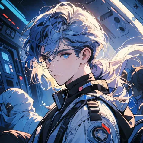 a beautiful man, Inside a spaceship, perfect machine, lilac space suit, looking to the camera, Perfect face, zero gravity, outer space, many cables, switchboard, perfect machine y detallada, detailed hair, (((Various angles))), Cabin, upper body shot, the ...