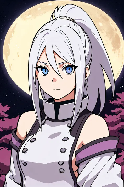 (high-quality, breathtaking),(expressive eyes, perfect face) portrait, Symmetrical Eyes, 1girl, solo, white hair, white coloured eyes, anime naruto art style, medium length hair, fluffy hair, feminine face, sky background, moon, open field background, star...