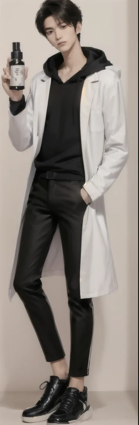 (photorealistic:1.2), (high detail face:1.3), (high detail hands:1.3), (anatomically correct hands:1.2), handsome young asian man, Japanese idol style, short clean-cut hair, ((center part)), (crisp white lab coat:1.3), ((black hoodie underneath:1.2)), (bla...