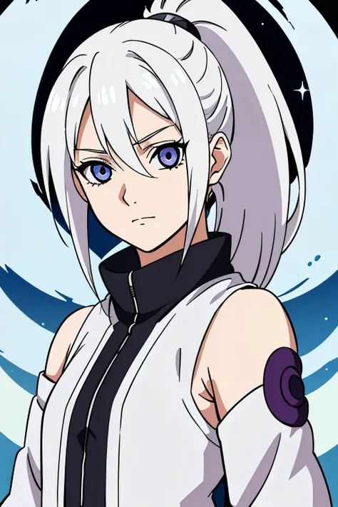 (high-quality, breathtaking),(expressive eyes, perfect face) portrait, Symmetrical Eyes, 1girl, solo, white hair, white coloured eyes, anime naruto art style, medium length hair, fluffy hair, feminine face, sky background, moon, open field background, star...