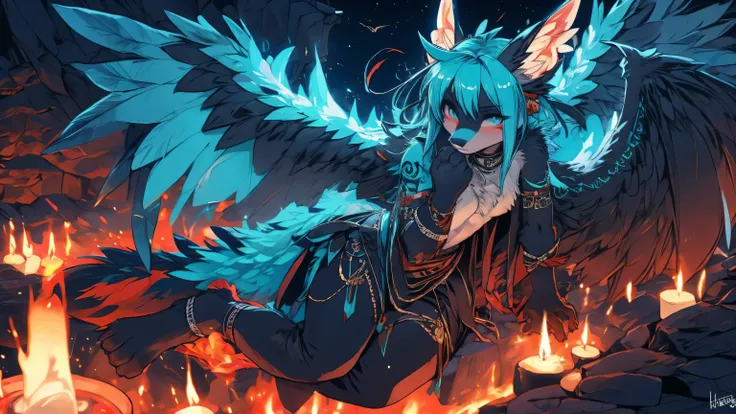 Miku Hatsune, add high definition_detail:1, blue fur,kitsune ears, tribal tattoo add_detail:1, in hell add_detail, barefoot, the same, giant black feather wings add_detail:1 ,alas hermosas la mejor calidad y detail en las plumas, flying over a beautiful cl...