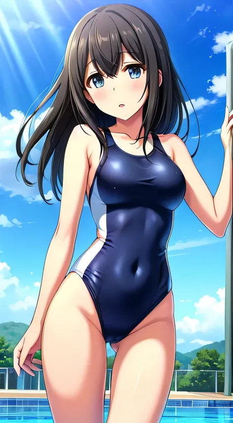 (masterpiece、Highest quality、In 8K、High resolution:1.2)、alone、One Girl、  Fumika Sagisawa、Feeling embarrassed、Look at the viewers、whole body、Transparent competitive swimsuit、Transparent racing swimsuit、Glossy body、Wet body、Daytime、Poolside、Low - Angle