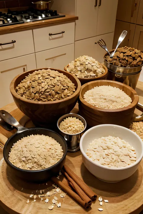 make me a post where the materials needed to prepare a meal are mentioned and say that those materials are oats, milk, cloves and cinnamon, utensil materials and a kitchen. Also add images of the materials.