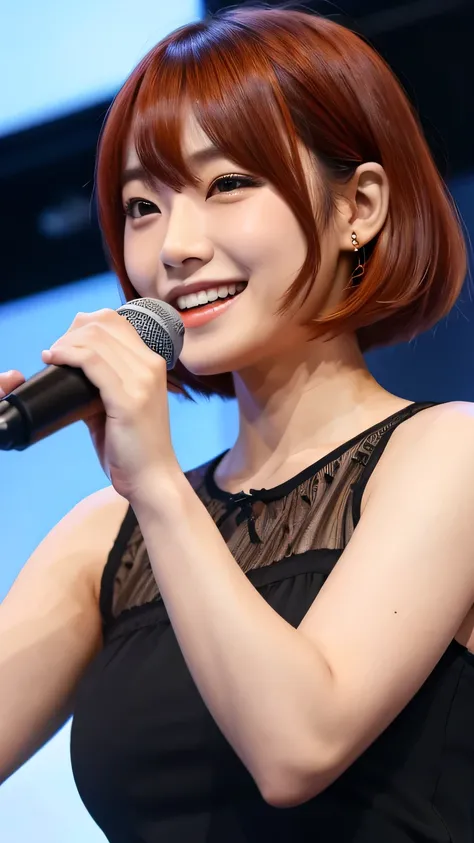 Please create an image of a Japanese woman in her 20s who looks like an idol、Black blouse、Short Bob、Orange Hair、indoor、Ultra HD、Highest Resolution、The entire upper body、Grab the microphone、smile, aspect ratio