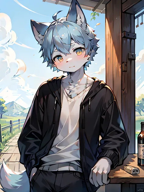 masterpiece, best quality, bright eyes, delicate eyes, , prairie wolf, men, casual wear，，white skin，sky blue hair，black highligh...