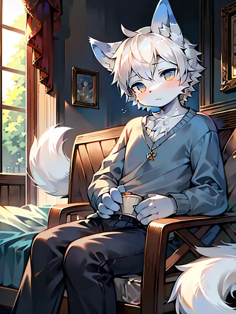 masterpiece, best quality, bright eyes, delicate eyes, , prairie wolf, men, casual wear，blue and white skin，white hair，black hig...