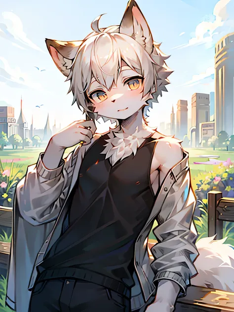 masterpiece, best quality, bright eyes, delicate eyes, , prairie wolf, men, casual wear，skin，white hair，black highlights，(head t...