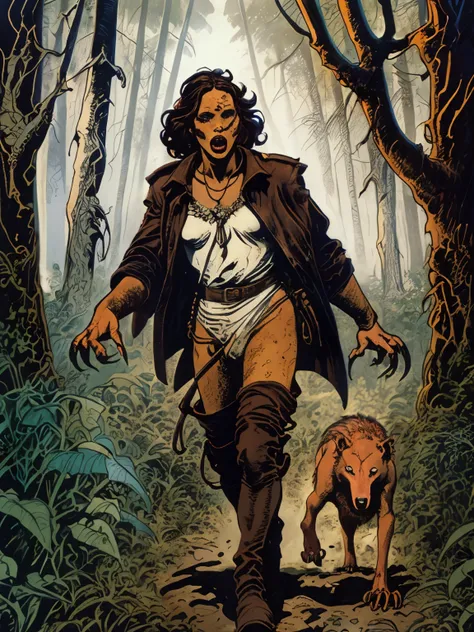 ((Italian peasant girl, walking in dark forest, attacked by horny werewolf)) by Graham Ingels, by Bernie Wrightson, by Mike Ploog, by Rich Corben, by Brian Bolland, by Frazetta, by Milo Manara, by Moebius, Italian Fumetto art style, Gothic Horror movie aes...