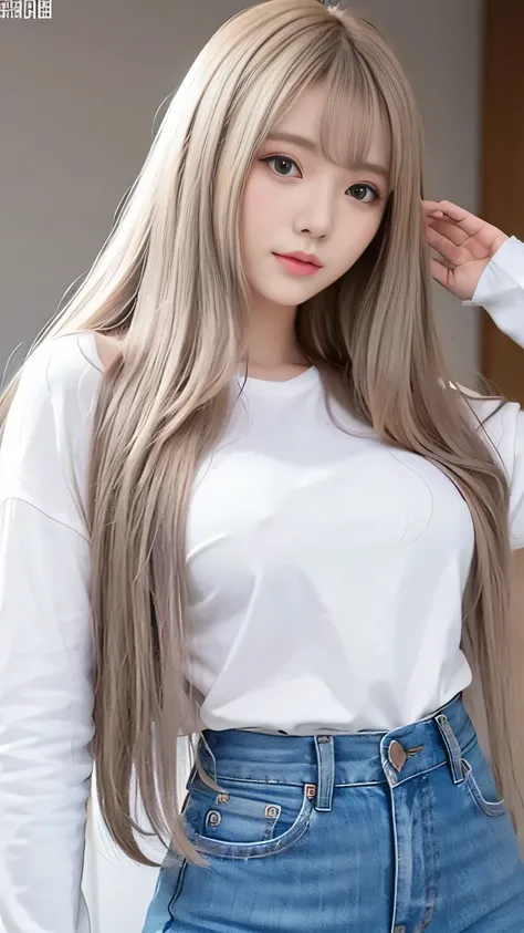 Silver Shiny Hair、Super long straight silky hair、Dazzling blonde, super long, silky hair、16 year old cute little beautiful face、Beautiful girl、A radiant blonde dancing in front of a beautiful face、length, Silky bangs that cover the area between the eyes、so...