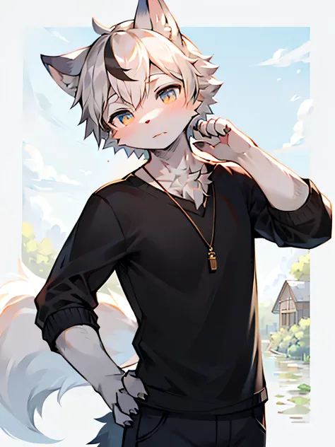 masterpiece, best quality, bright eyes, delicate eyes, , prairie wolf, men, casual wear，skin，white hair，black highlights，(head t...